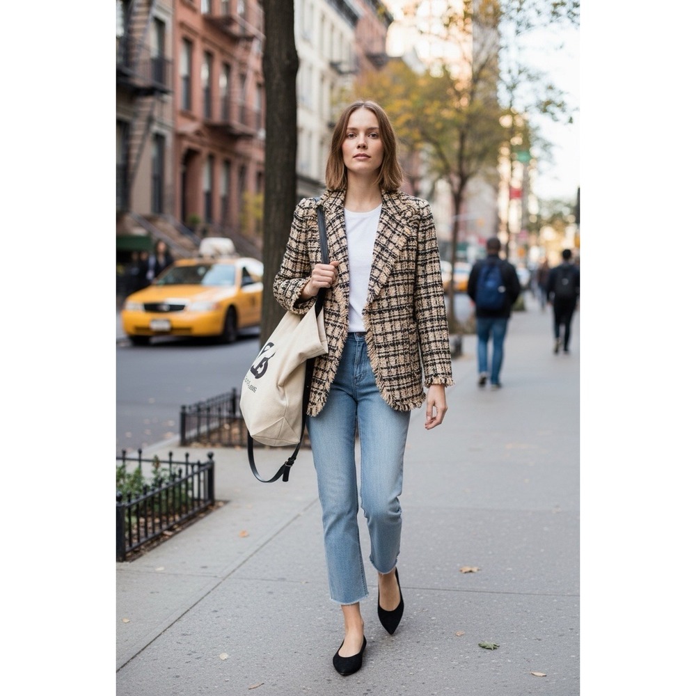 Kate Spade Tan Black Plaid Metallic Tweed Blazer ‎ 10 Timeless Capsule Office